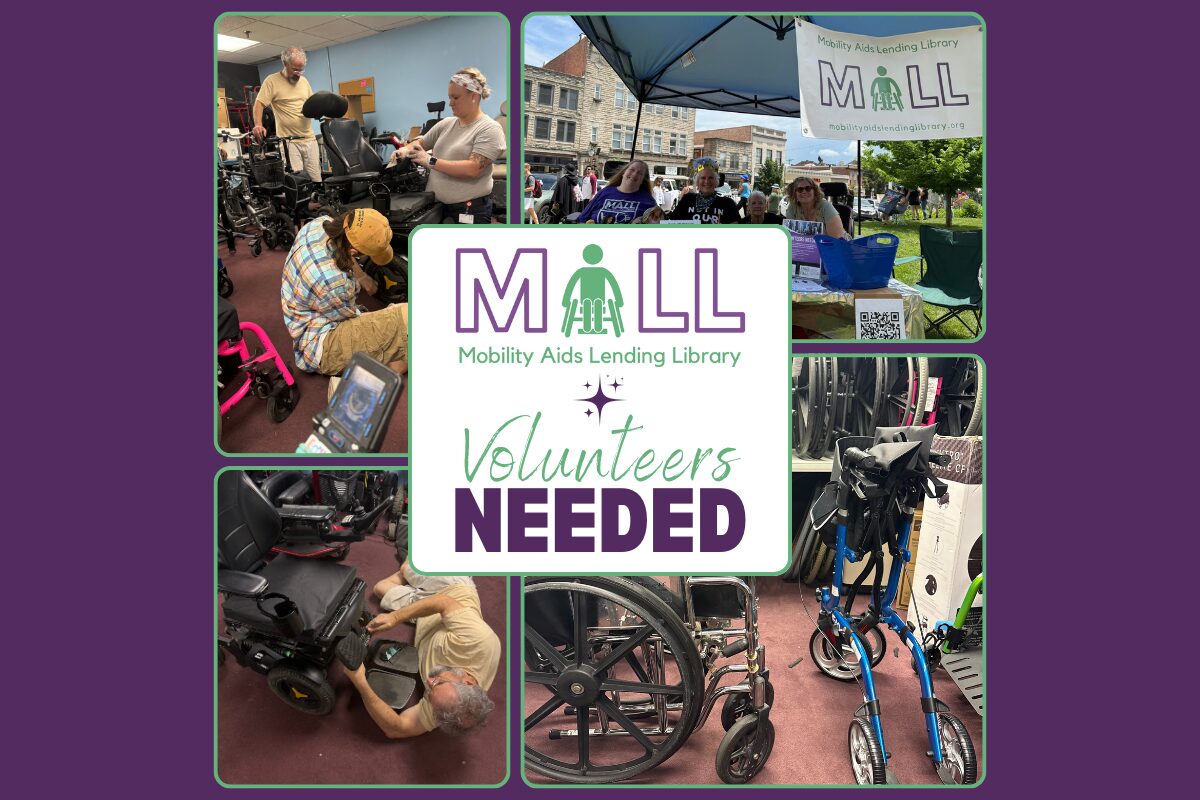 Volunteer with Mobility Aids Lending Library. Collage of volunteers helping repair and organize medical equipment.