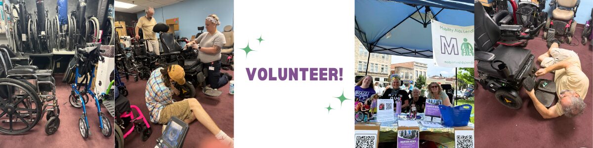 Volunteer with Mobility Aids Lending Library. Collage of volunteers helping repair and organize medical equipment.